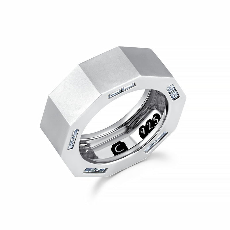 Mens Matte Octagon ring with inlayed Side Baguettes Finished in Pure Platinum - CRISLU