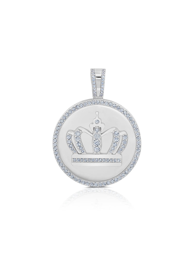 Mens Royal Crown Medallion Pendant With Matching Backplate And Round Cut Stone Borders - CRISLU