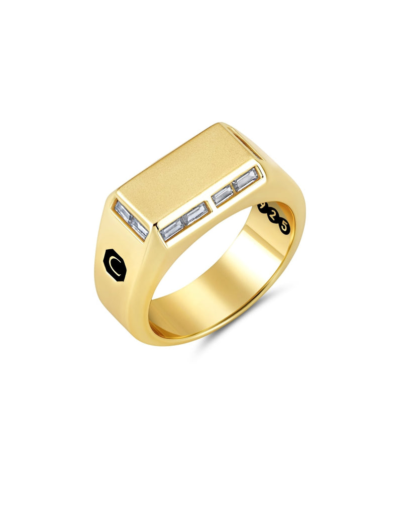 Mens Small Signet Ring with Baguettes Finished in 18kt Yellow Gold - CRISLU