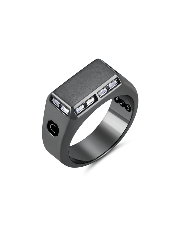 Mens Small Signet Ring with Baguettes Finished in Black Rhodium - CRISLU