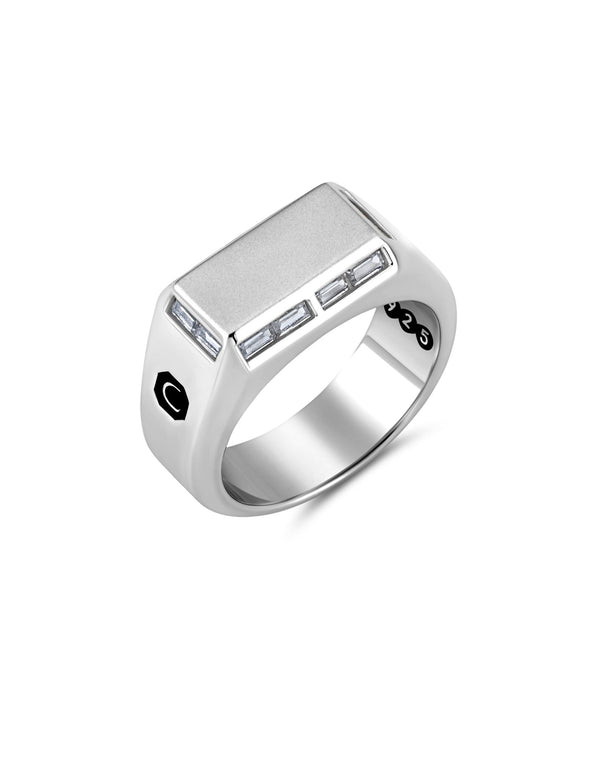 Mens Small Signet Ring with Baguettes Finished in Pure Platinum - CRISLU