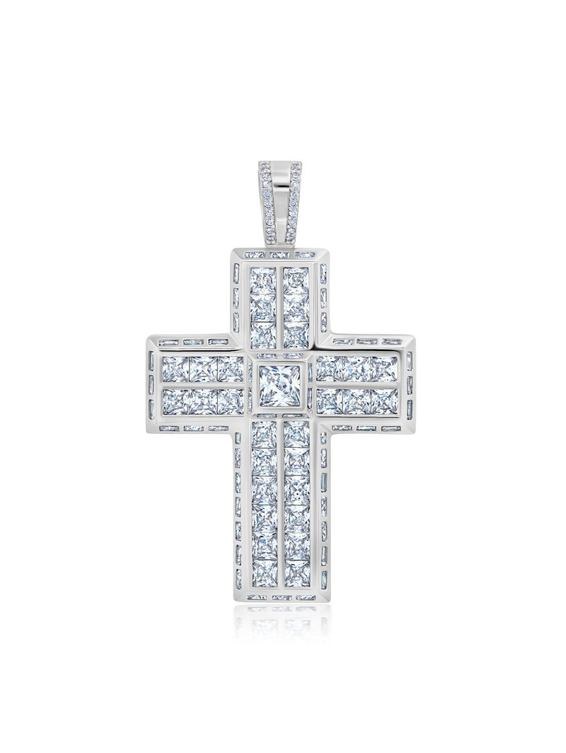 Mens Square Princess Cut Cross Pendant With Side Baguette Stones - CRISLU