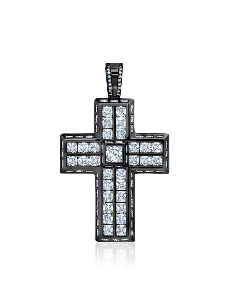 Mens Square Princess Cut Cross Pendant With Side Baguette Stones - CRISLU