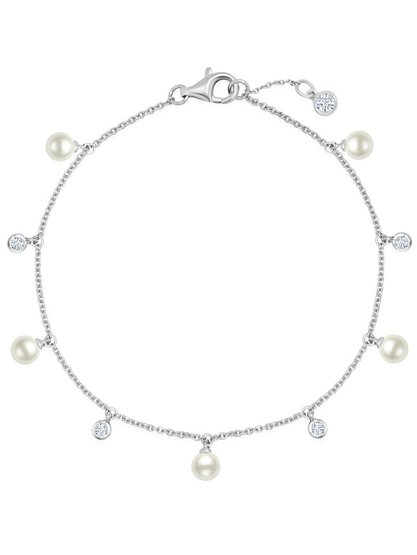 Multi Station Genuine Pearl Bracelet with CZ Bezel Set in Pure Platinum - CRISLU