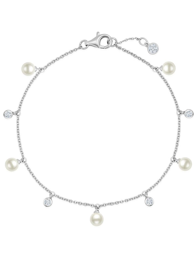 Multi Station Genuine Pearl Bracelet with CZ Bezel Set in Pure Platinum - CRISLU