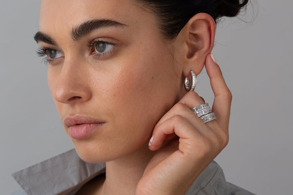 Parallel- Platinum Baguette Hoop Earrings - CRISLU