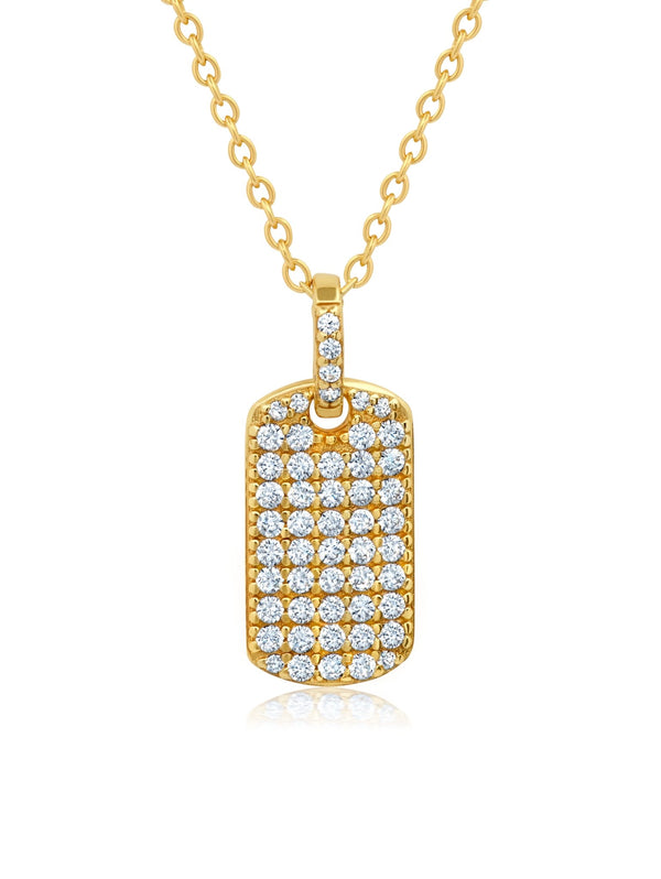 Pave Round Cut Stones Dog Tag Necklace 16" finished in 18kt Yellow Gold - CRISLU