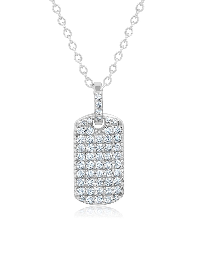 Pave Round Cut Stones Dog Tag Necklace 16" finished in Pure Platinum - CRISLU
