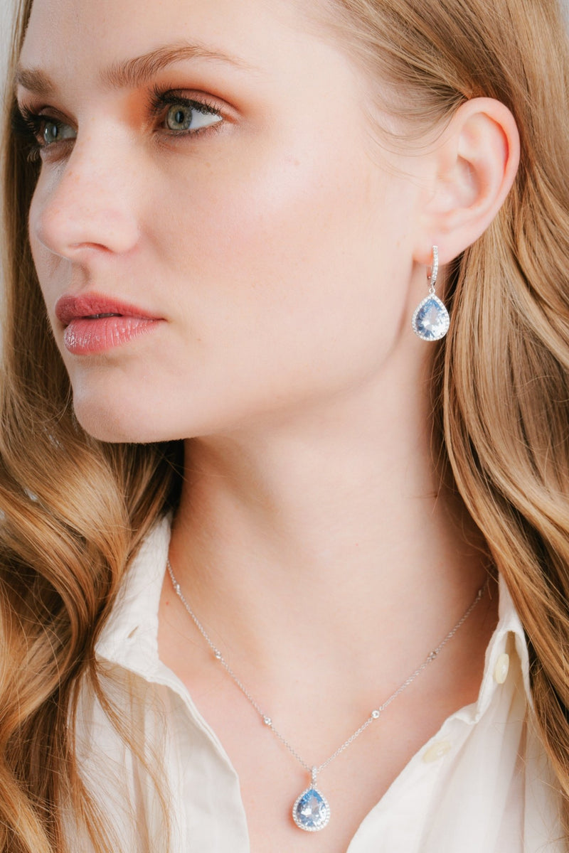 Pear Drop Blue Quartz Earrings Finished in Pure Platinum - CRISLU