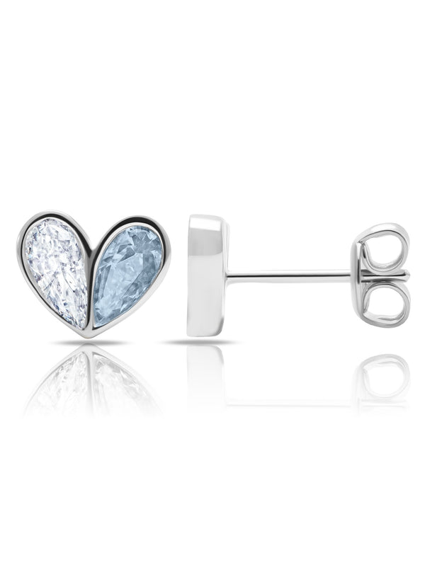 Platinum Heart Stud Earrings w/ Aqua Pear Cut Stone - CRISLU