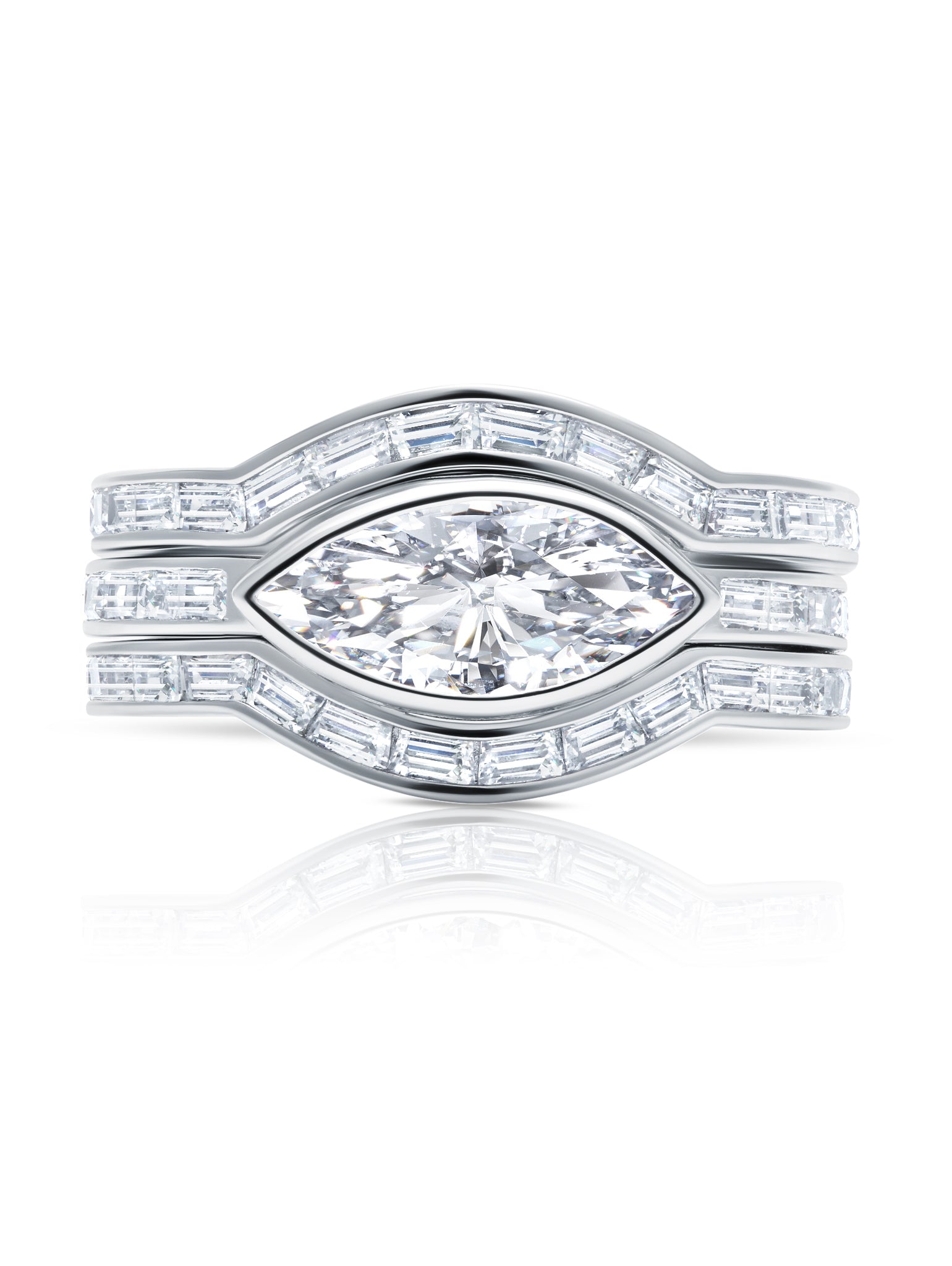 Platinum Marquise Solitaire w/ Baguette Accent Band Ring Set Finished in Pure Platinum - CRISLU