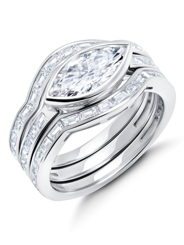 Platinum Marquise Solitaire w/ Baguette Accent Band Ring Set Finished in Pure Platinum - CRISLU