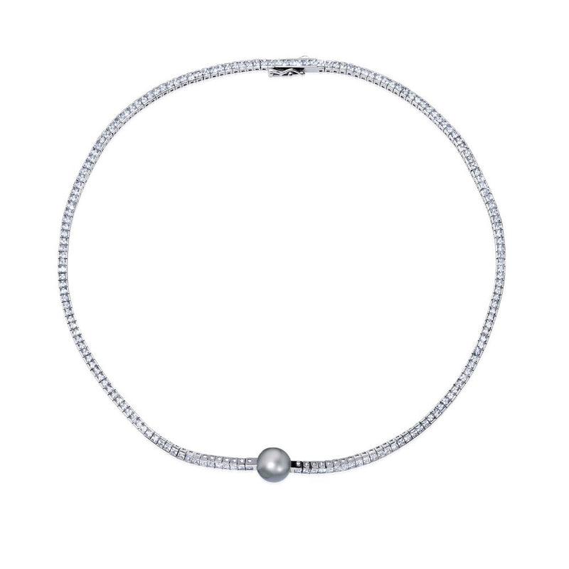Princess Cut 18'' Tennis Necklace With Gray Centered Pearl - CRISLU