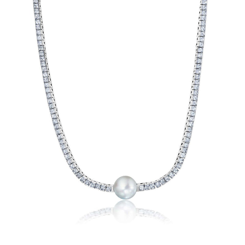 Princess Cut 18'' Tennis Necklace With White Centered Pearl - CRISLU