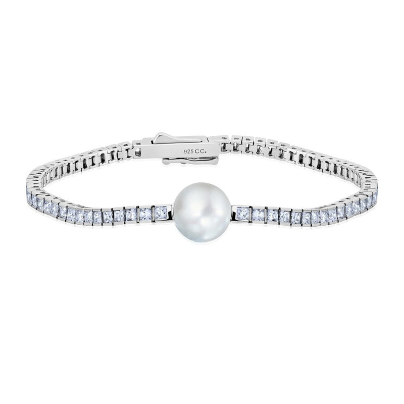 Princess Cut 7'' Tennis Bracelet With White Centered Pearl - CRISLU