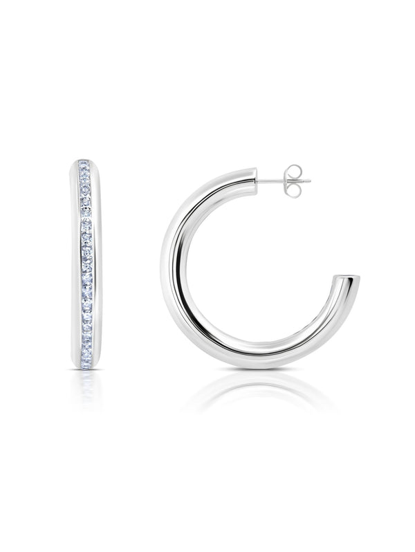 Princess Cut Channel Set Hoop Earrings Finished In Pure Platinum - CRISLU