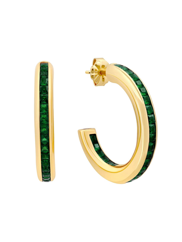 Princess Cut Emerald Color Hoop Earrings - CRISLU