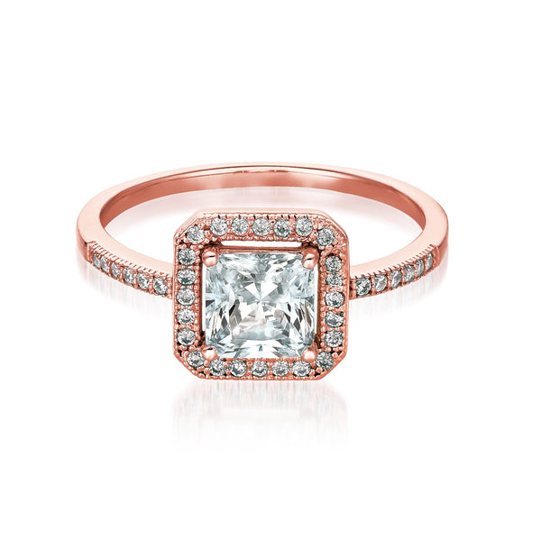 Princess Cut Halo Ring Finished in 18kt Rose Gold - CRISLU