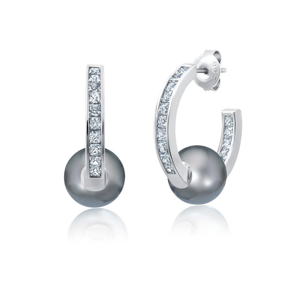 Princess Cut Hoop Earrings With Gray Drop Pearl - CRISLU