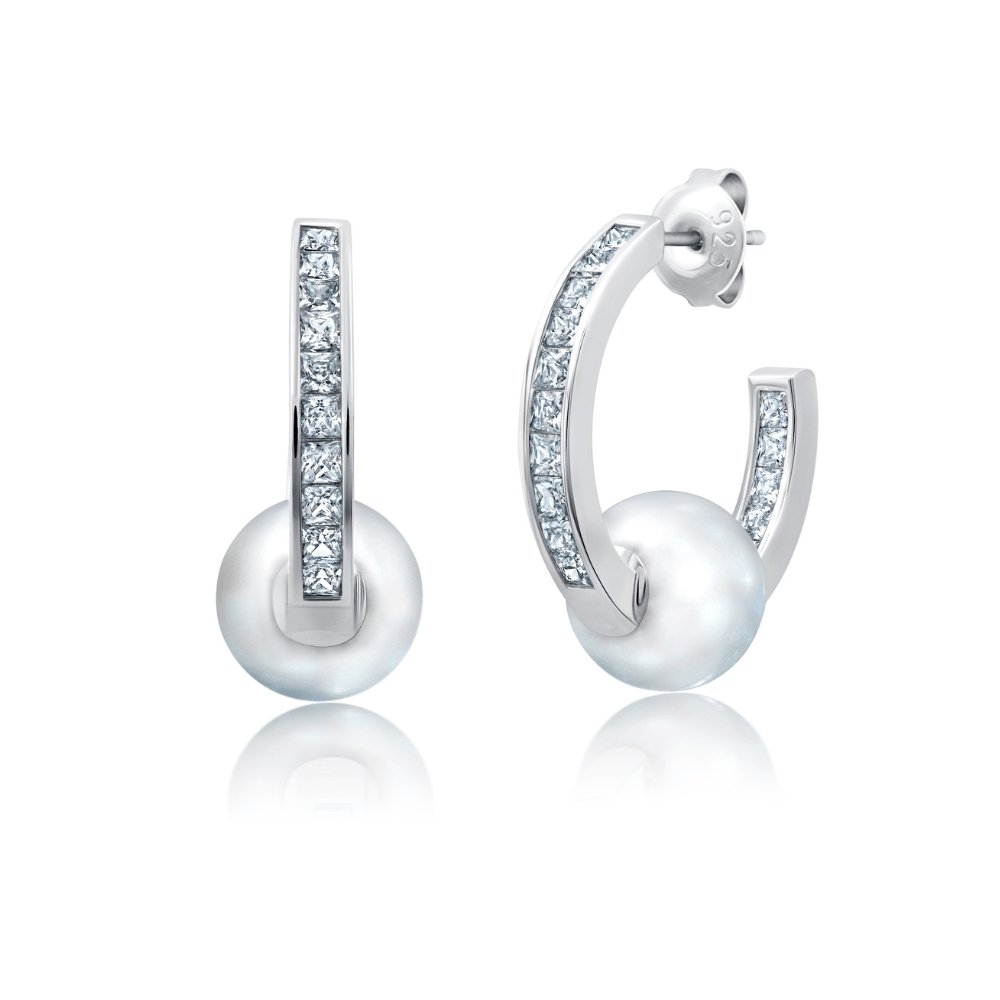 Princess Cut Hoop Earrings With White Drop Pearl - CRISLU