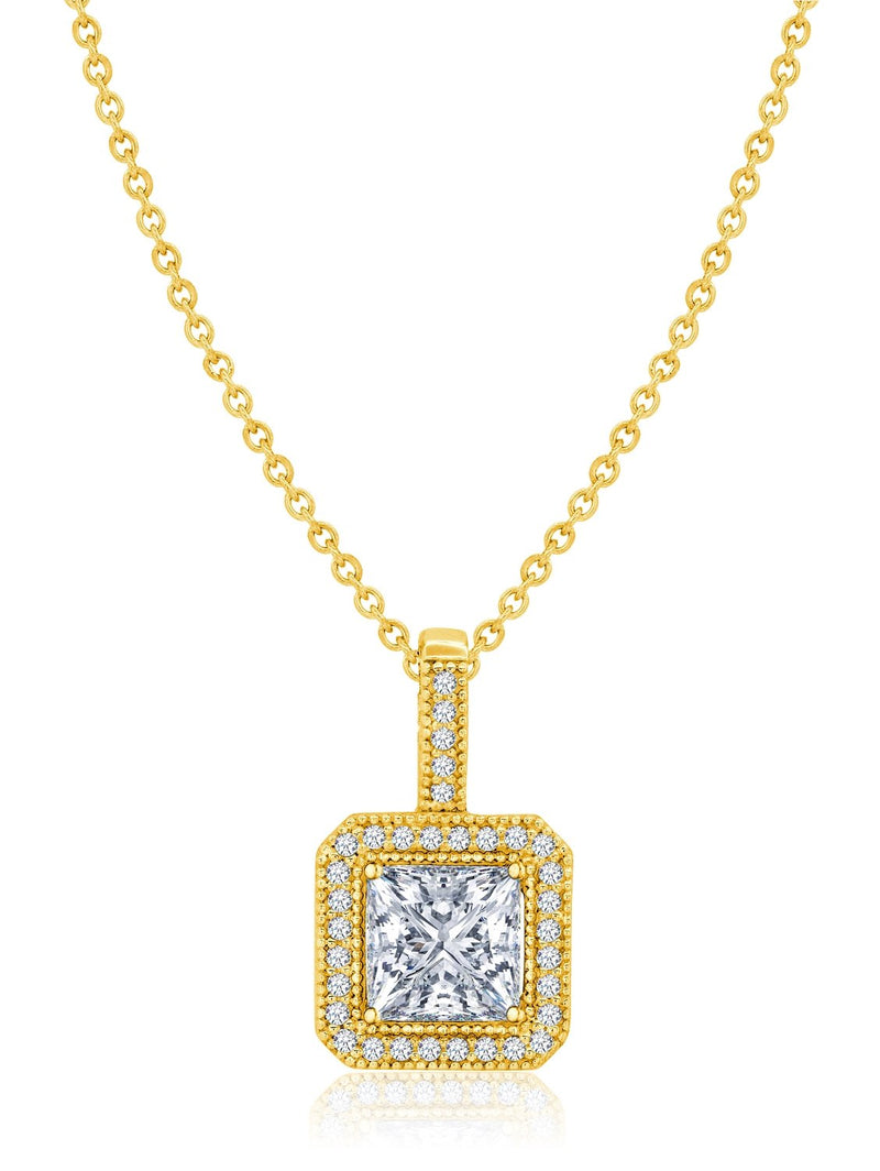 Princess Cut Pendant With Halo Finished in 18kt Yellow Gold - CRISLU