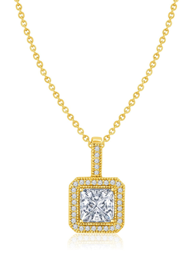 Princess Cut Pendant With Halo Finished in 18kt Yellow Gold - CRISLU