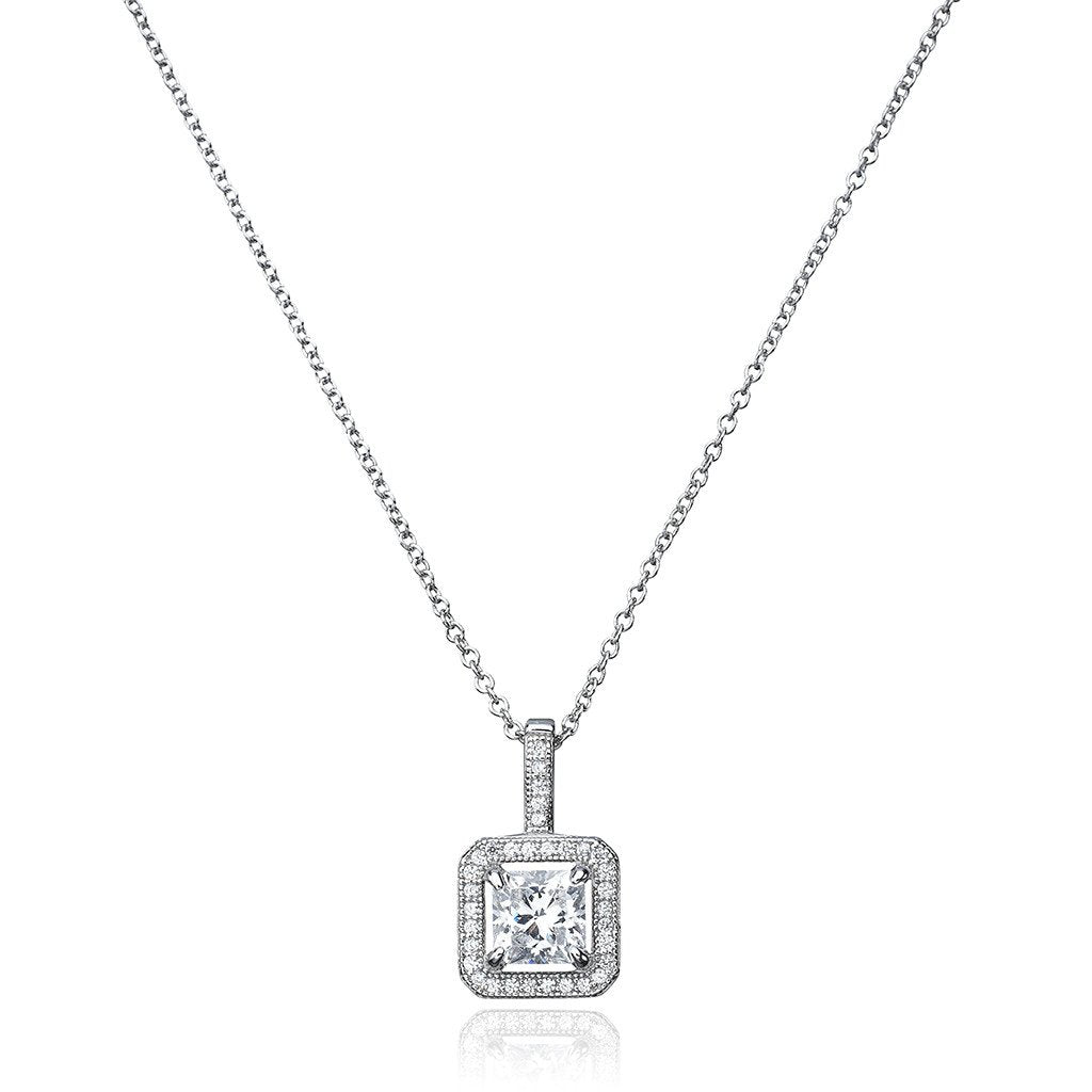 Princess Cut Pendant With Halo Finished in Pure Platinum - CRISLU