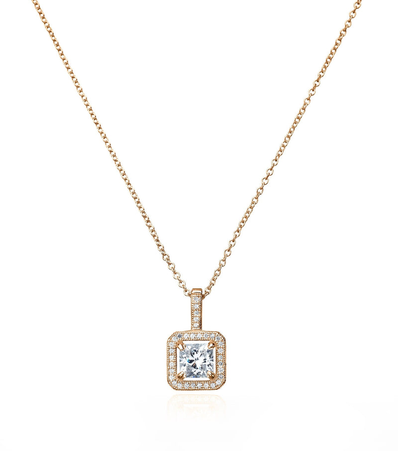 Princess Cut Pendant With Halo Finsihed in 18kt Rose Gold - CRISLU