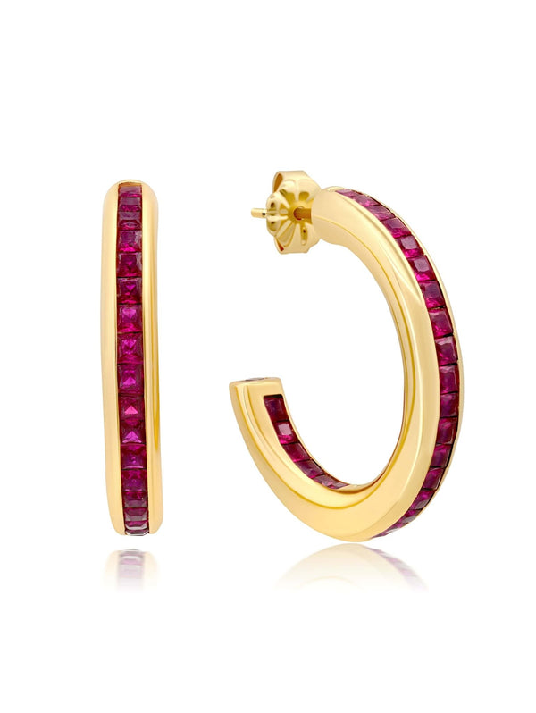 Princess Cut Ruby Color Hoop Earrings - CRISLU