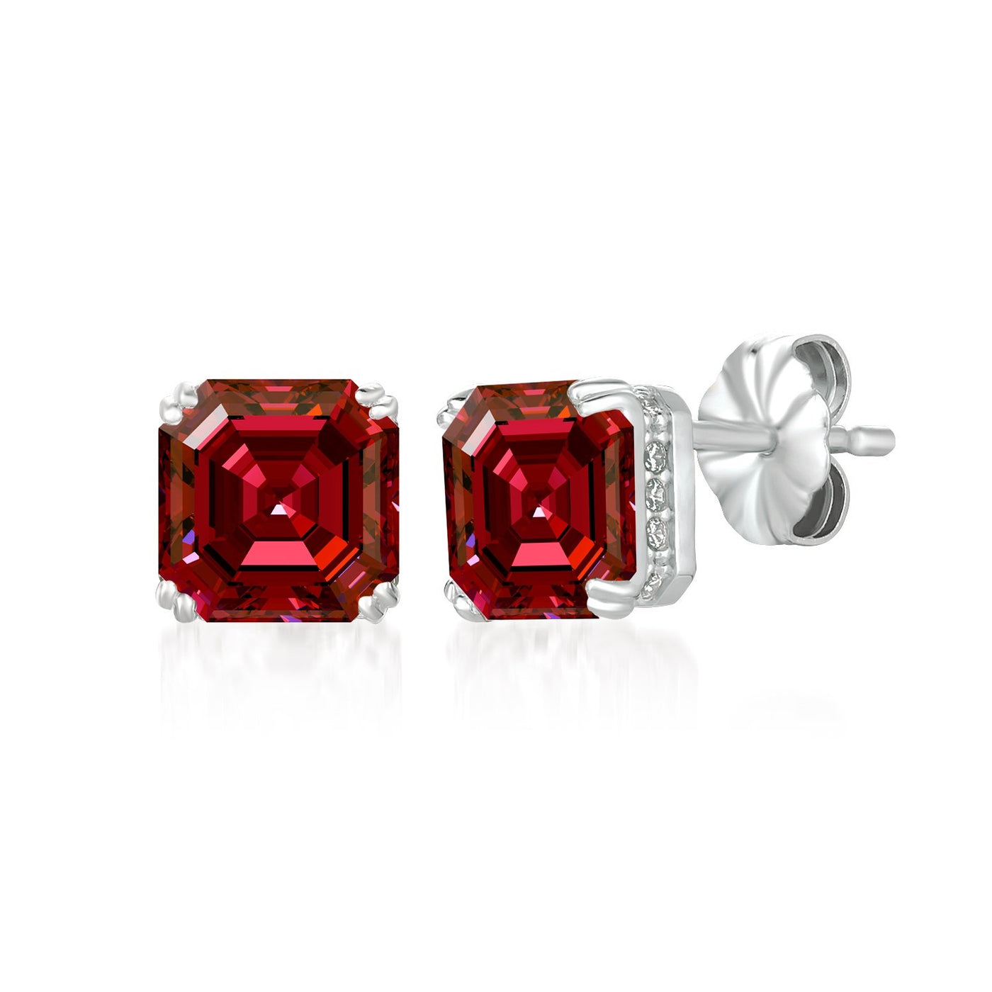 Royal Asscher Cut Earrings Ruby Color Stone Finished In Pure Platinum CRISLU