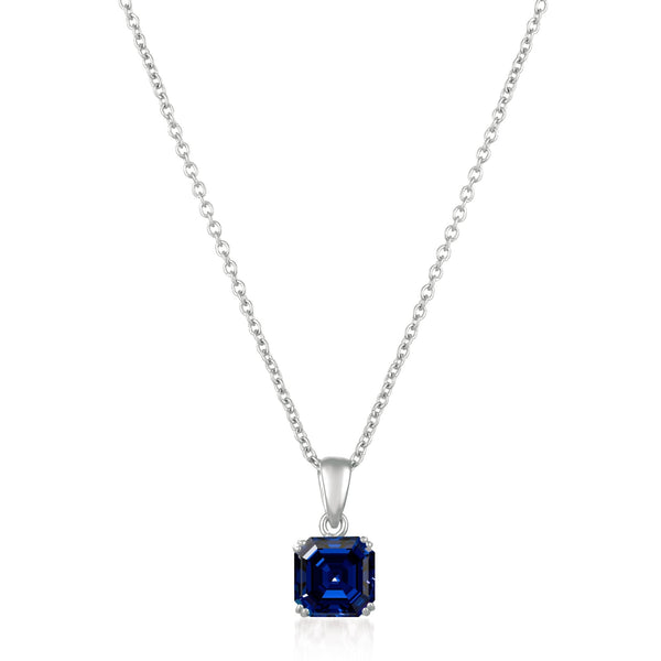 Royal Asscher Cut Pendant Necklace Sapphire Color Stone Finished In Pure Platinum - CRISLU