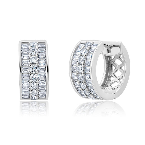 Small 3 Row Square Baguette With Brilliant Round Center Earrings - CRISLU