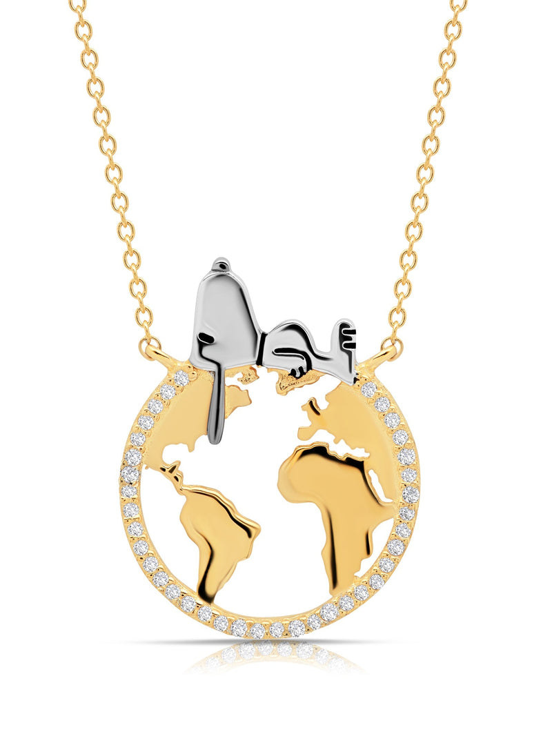 Snoopy on the World .925 Sterling Silver Necklace Finished in 18kt Yellow Gold - CRISLU