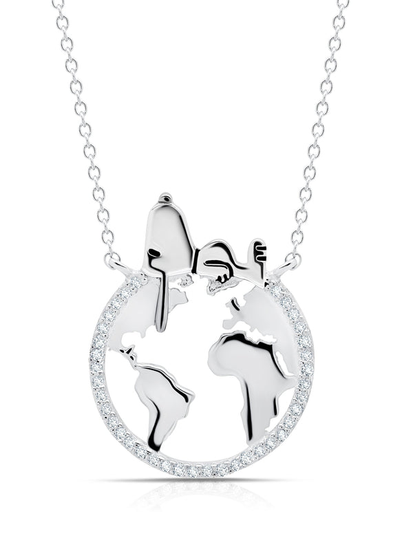 Snoopy on the World .925 Sterling Silver Necklace Finished in Pure Platinum - CRISLU