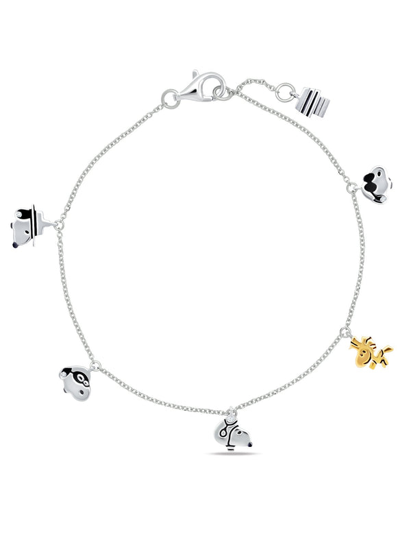 Snoopy & Woodstock .925 Sterling Silver Charm Bracelet Finished in pure platinum - CRISLU