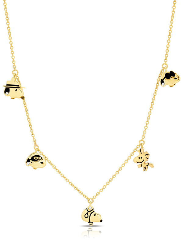 Snoopy & Woodstock .925 Sterling Silver Charm Necklace Finished in 18kt Yellow Gold - CRISLU