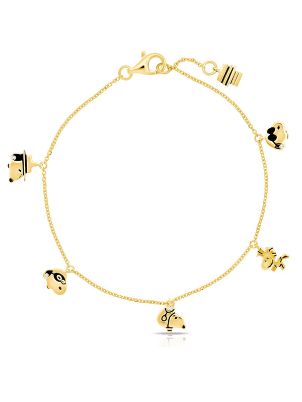 Snoopy & Woodstock Charm .925 Sterling Silver Bracelet Finished in 18kt Yellow Gold - CRISLU