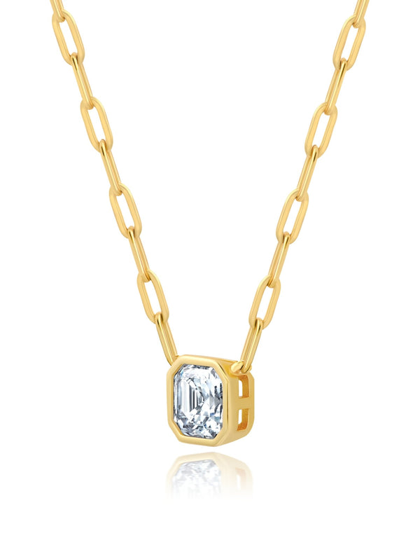 Solitaire Bezel Set Asscher Stud Necklace With Paperclip Style Chain Finished In 18Kt Yellow Gold - CRISLU