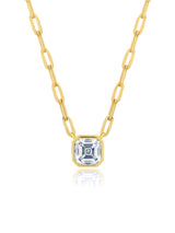 Solitaire Bezel Set Asscher Stud Necklace With Paperclip Style Chain Finished In 18Kt Yellow Gold - CRISLU