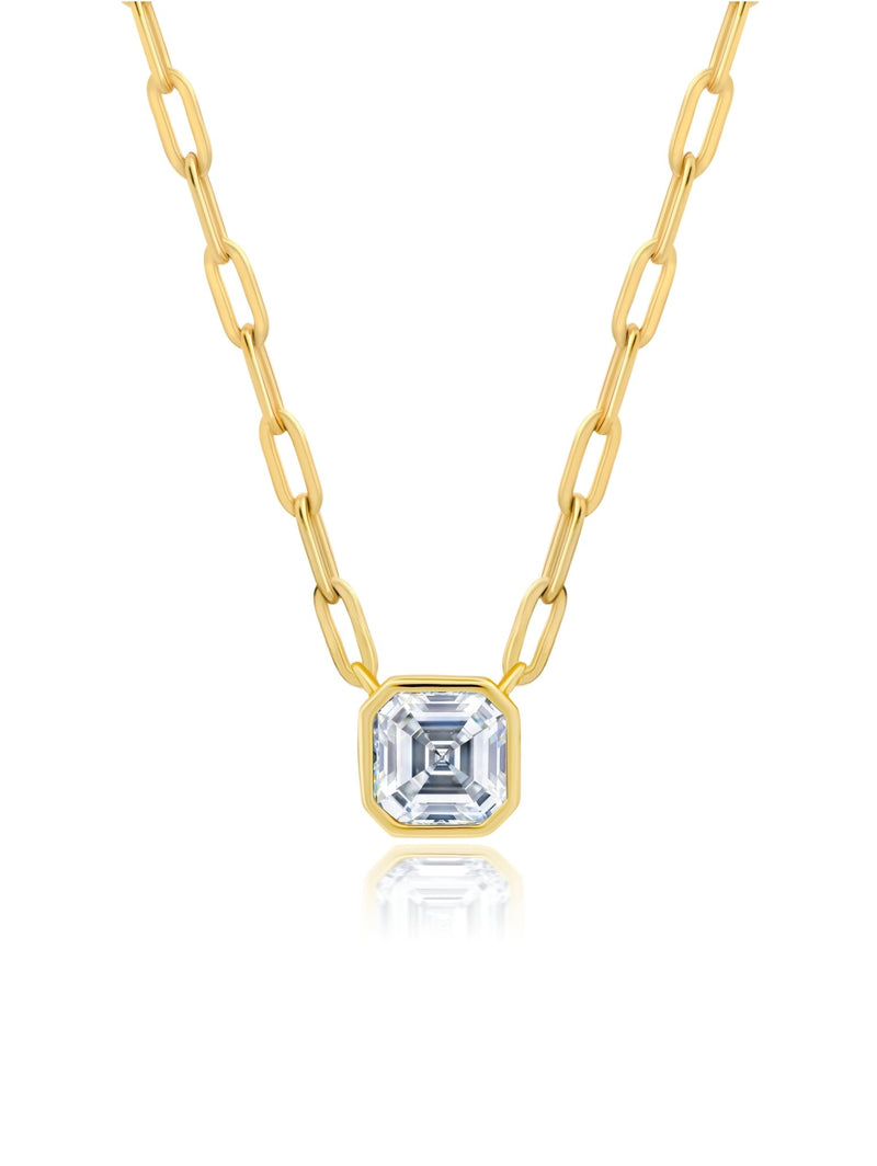 Solitaire Bezel Set Asscher Stud Necklace With Paperclip Style Chain Finished In 18Kt Yellow Gold - CRISLU