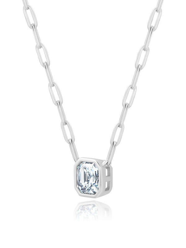 Solitaire Bezel Set Asscher Stud Necklace With Paperclip Style Chain Finished In Pure Platinum - CRISLU