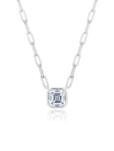 Solitaire Bezel Set Asscher Stud Necklace With Paperclip Style Chain Finished In Pure Platinum - CRISLU