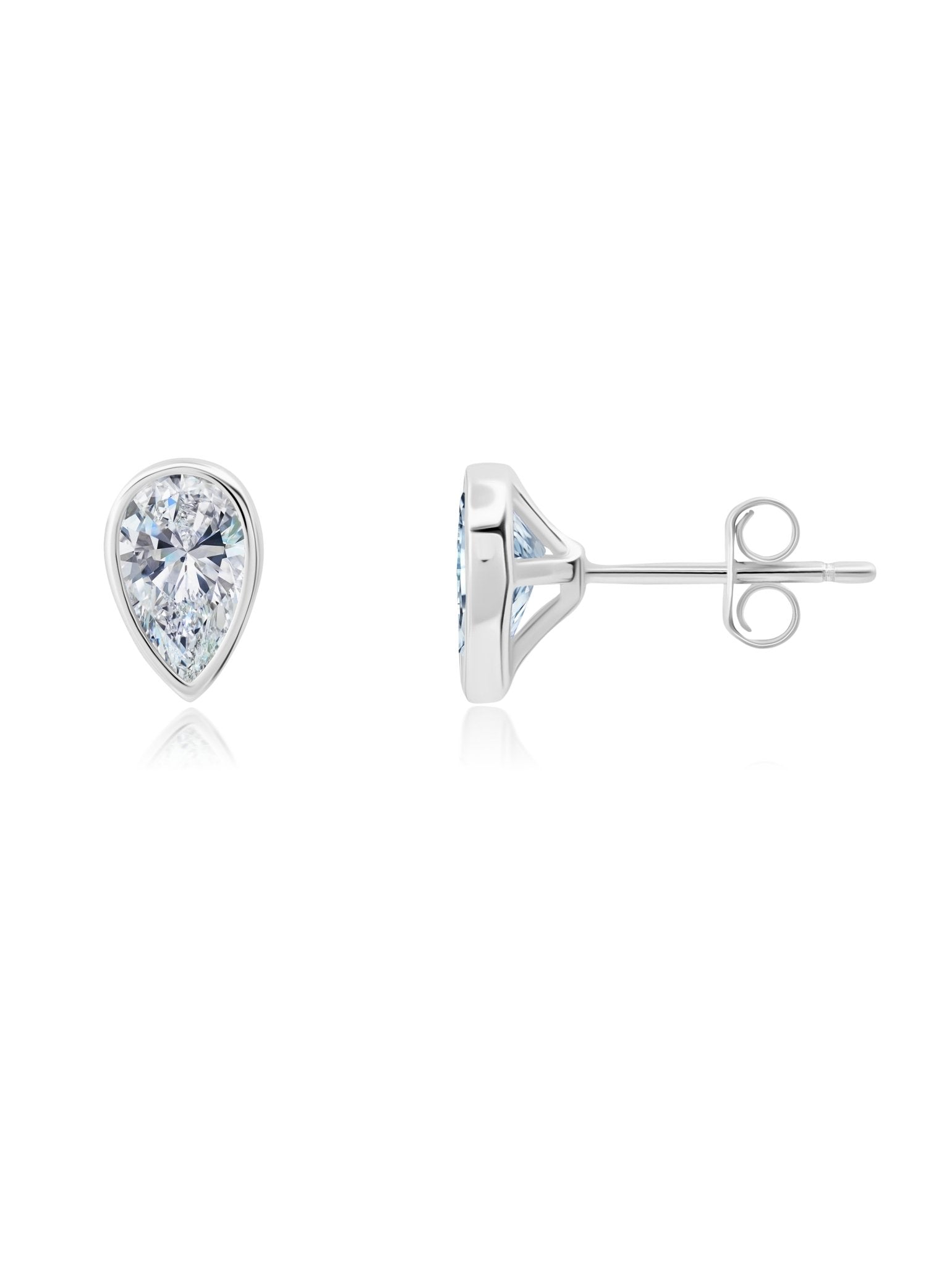 Solitaire Bezel Set Pear Stud Earrings Finished In Pure Platinum - CRISLU
