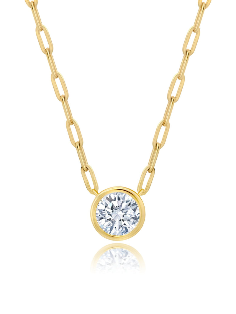 Solitaire Bezel Set Round Stud Necklace With Paperclip Style Chain Finished In 18Kt Yellow Gold - CRISLU