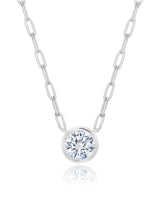 Solitaire Bezel Set Round Stud Necklace With Paperclip Style Chain Finished In Pure Platinum - CRISLU