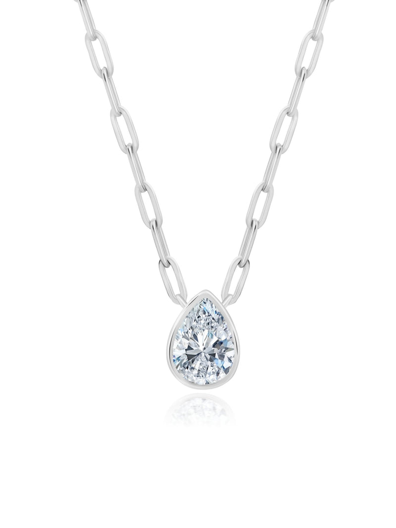Solitaire Bezel Set Round Stud Necklace With Paperclip Style Chain Finished In Pure Platinum - CRISLU