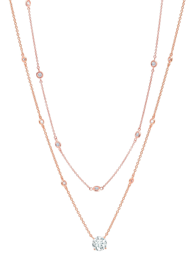 Solitaire Double Layered Necklace Finished in 18kt Rose Gold - CRISLU