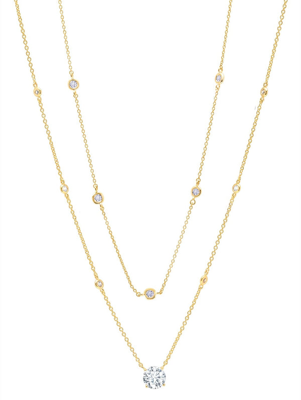Solitaire Double Layered Necklace Finished in 18kt Yellow Gold - CRISLU