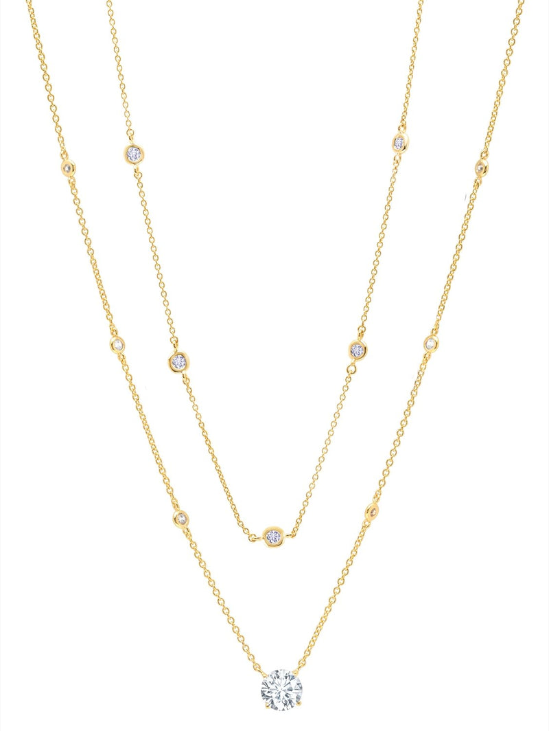 Solitaire Double Layered Necklace Finished in 18kt Yellow Gold - CRISLU