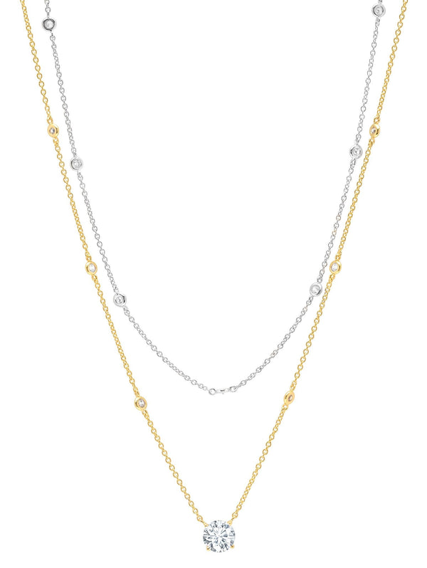 Solitaire Double Layered Necklace Finished in 18kt Yellow Gold and Platinum - CRISLU